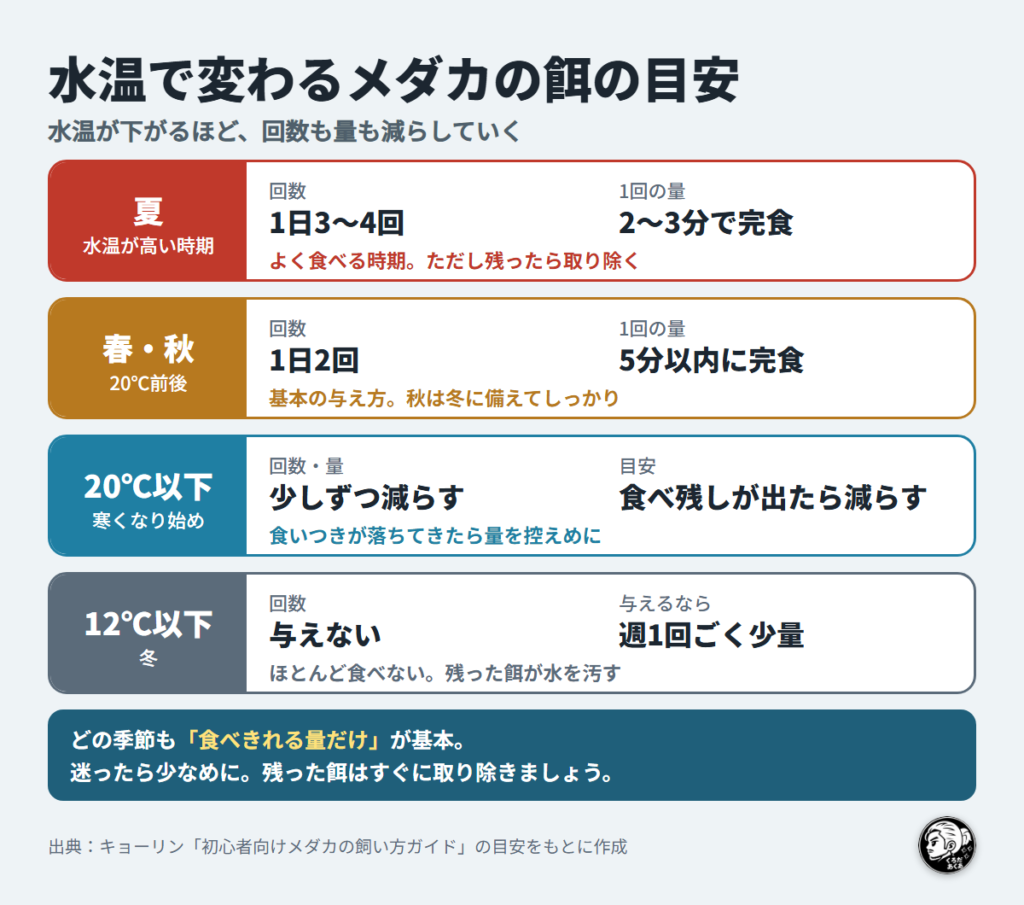 水温で変わるメダカの餌の目安の図。夏は1日3〜4回、春秋は1日2回、20℃以下は減らし、12℃以下はほぼ与えない