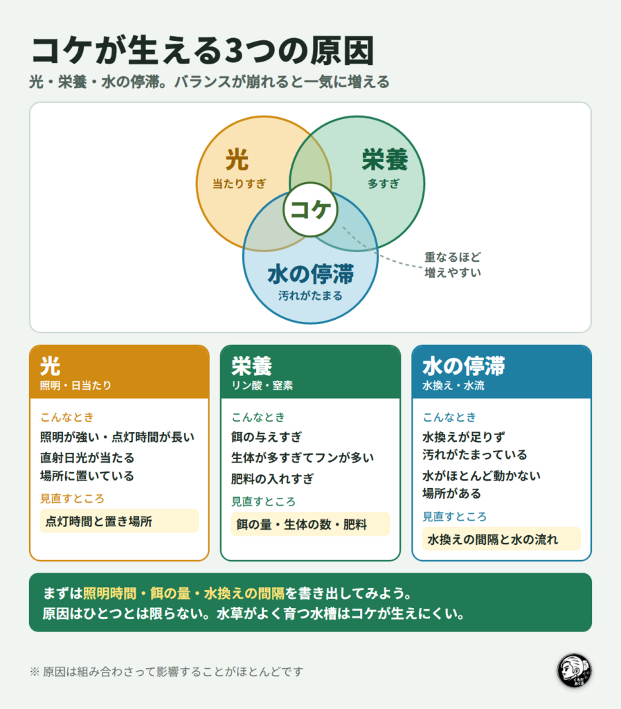 コケが生える3つの原因（光・栄養・水の停滞が重なるほどコケが増える。それぞれの原因と見直すところ）