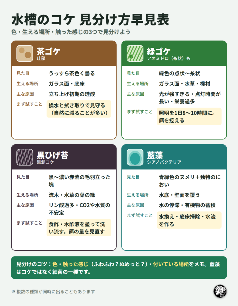 水槽のコケ見分け方早見表（茶ゴケ・緑ゴケ・黒ひげ苔・藍藻の見た目・生える場所・主な原因・まず試すこと）