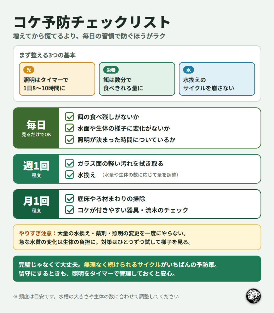 コケ予防チェックリスト（照明・餌・水換えの3つの基本と、毎日・週1回・月1回の予防習慣）