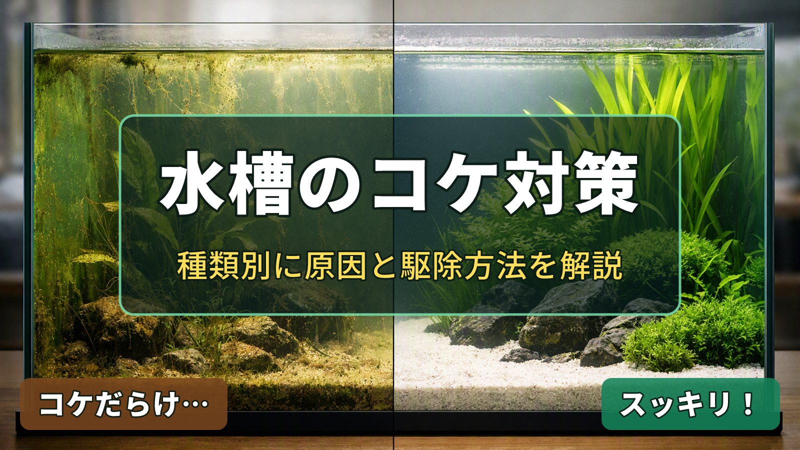 水槽のコケ対策　コケだらけの水槽ときれいな水草水槽の比較イメージ