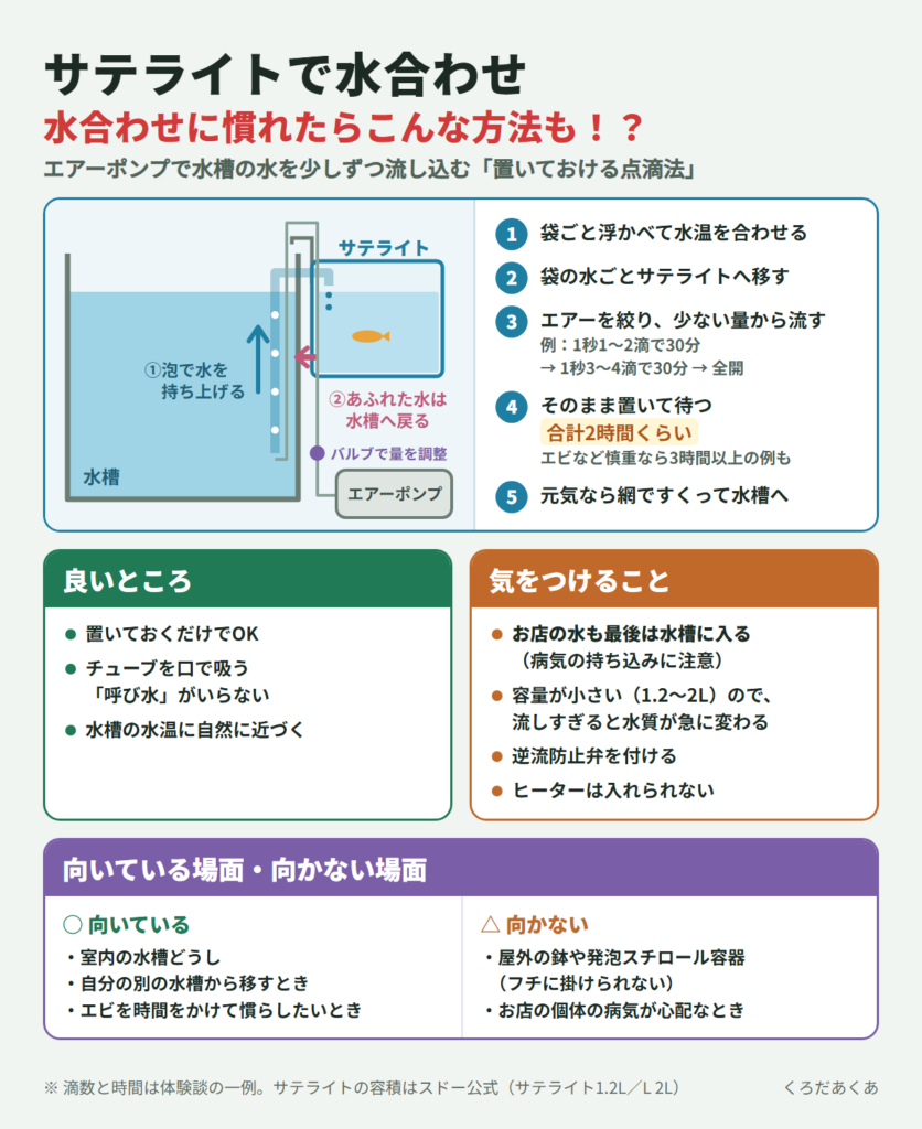 サテライトで水合わせ（エアーポンプで水槽の水を少しずつサテライトに流し込む方法の手順・良いところ・気をつけること）