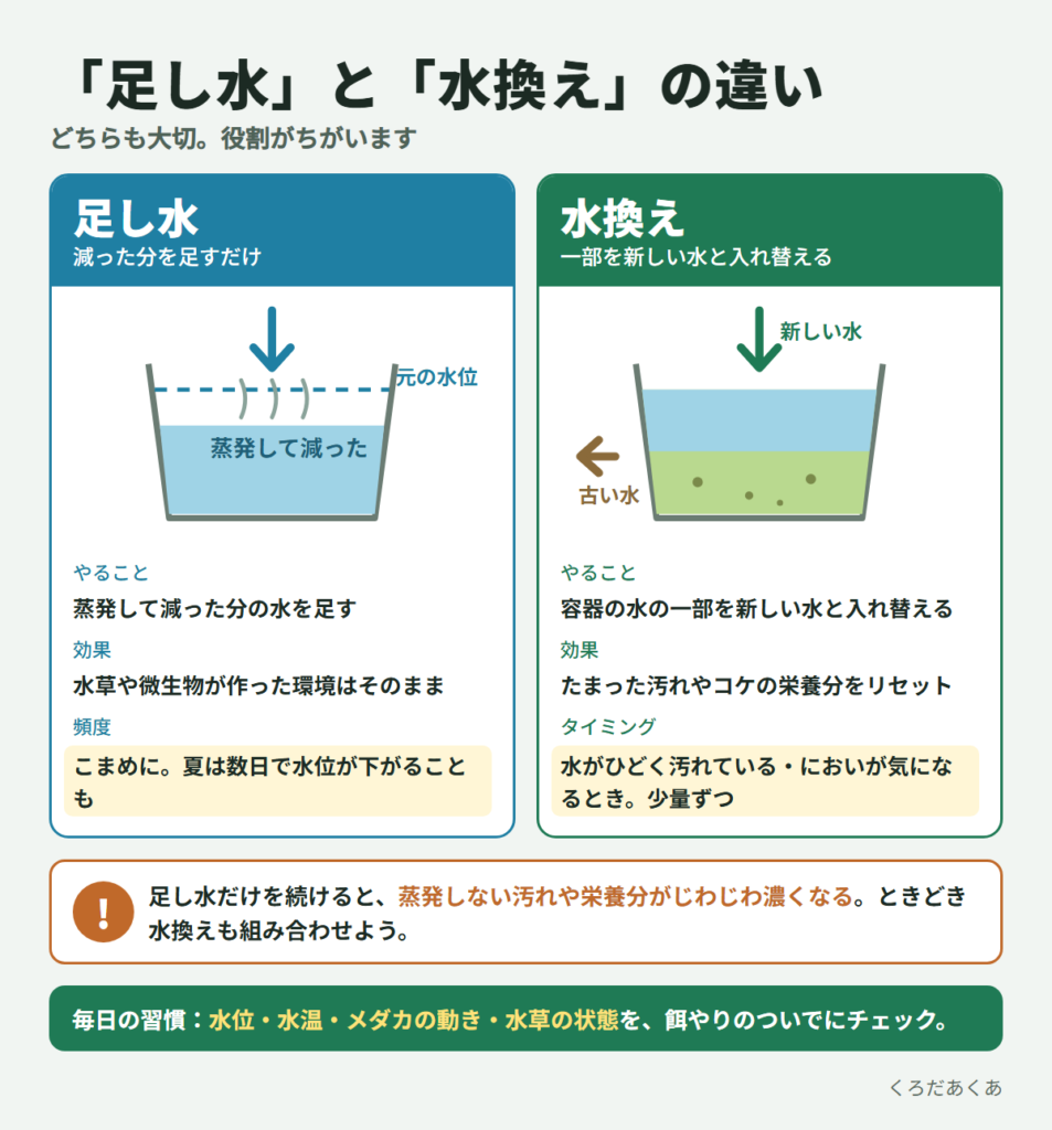 足し水と水換えの違い（足し水は蒸発した分を足す、水換えは一部を新しい水と入れ替える）